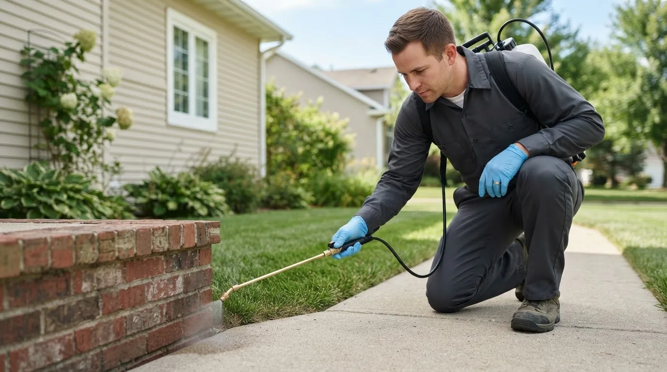 Pest control technician treating a home near Pelham, NY